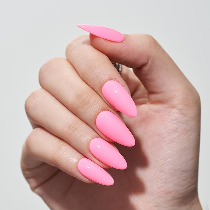 GLAMERMAID Press on Nails Medium Almond, Spring Summer Handmade Hot Pink Gel Glue on Nail, Glossy Short Stiletto Reusable UV Finish Fake Nails Acrylic False Nails Manicure Kits for Women