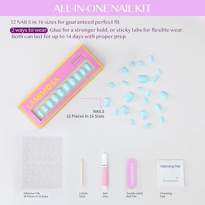 LAMIMOSA 32Pcs Press On Nails Extra Short Round, Pastel Baby Blue Fake Nails with Glue, Soft Gel Nails in 16 Sizes, Reusable Glue On Nails Kit, MINTY AQUA