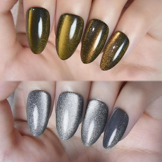 evpct Cat Eye Gold Silver Press on Nails Almond Short, Gold Silver Metal Short Almond Soft Gel Press on Nails with Nail Kit, 60Pcs Reusable Acrylic Fake Press-on Nail Polish Kit for Women Gift