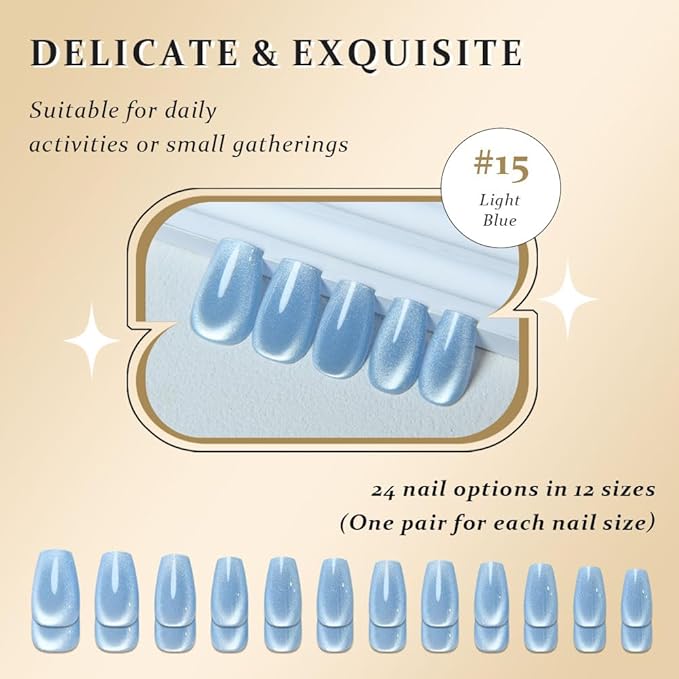 evpct Light Blue Cat Eye Coffin Press on Nails Square Medium, Medium Square Stick on Nail for Women, Light Blue Metallic Glitter Glossy Reusable Summer Soft Gel Press on Acrylic Fake Nail with Designs