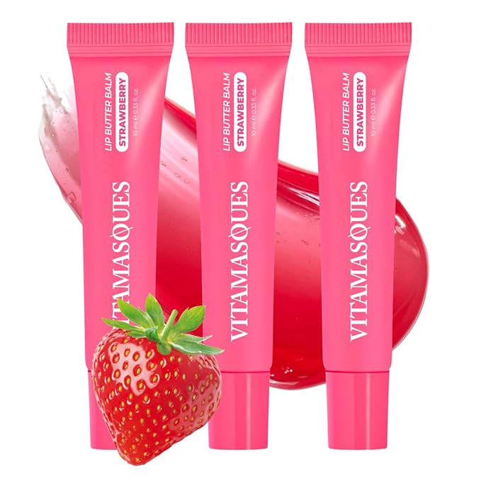 Vitamasques Lip Butter Balm Strawberry Pack of 3, Korean Lip Balm - Peptide Lip Treatment - Lip Balm Hydrating - Light Tinted Lip balm - Made in Korea - 0.33 fl.oz