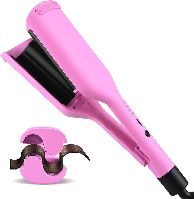 NONK Power Curling Iron Hair Crimper Waver, Ceramic Double Barrel Curling Wand, 1.25 Inch, Dual Voltage, Anti-Scald, Easy to Use, hot Tools Curling Iron for Women, bio Ionic, Pink, Gifts for Women