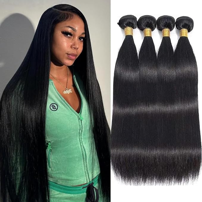 Straight 4 Bundles Human Hair 20 22 24 26 Inch, 12A Straight Bundles Human Hair, 400g/Pack Unprocessed Virgin Human Hair Weave 4 Bundles Deals, Soft Double Weft Quick Weave Extensions for Women