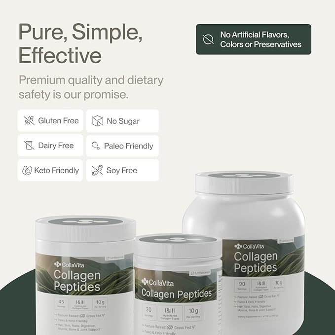 Colla Vita Collagen Peptides Powder Grass-Fed Pasture-Raised Hydrolyzed Collagen Powder, Type I & III Hair, Nails, Skin and Joints, Non-GMO, Paleo & Keto, Unflavored, 10 Fl oz. 30 Servings
