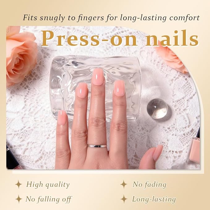 evpct Nude Pink Short Press on Nails Square, Glossy Soft Gel Acrylic Fake Press on Nails Manicure Kit, Reusable Artificial Stick on Nail for Women, Full Cover Easy Application Easy At-Home Salon