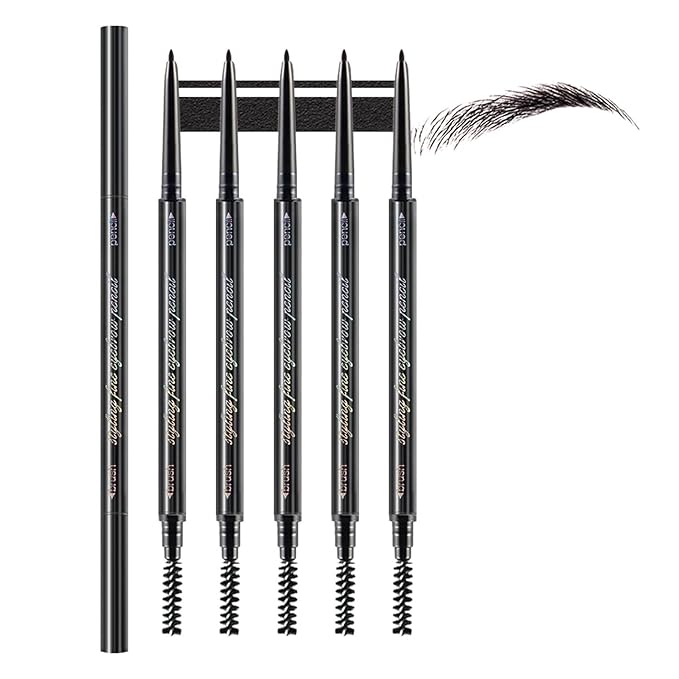 Black Ultra-Fine Tip Eyebrow Pencils Pack for Women, 5Pcs Mechanical Precise Brow Pencil with Brush,Draws Tiny Brow Hairs, Defines, Fills Brows, Shapes, Contours, Combs, Waterproof