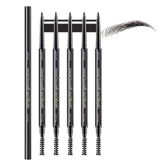 Black Ultra-Fine Tip Eyebrow Pencils Pack for Women, 5Pcs Mechanical Precise Brow Pencil with Brush,Draws Tiny Brow Hairs, Defines, Fills Brows, Shapes, Contours, Combs, Waterproof