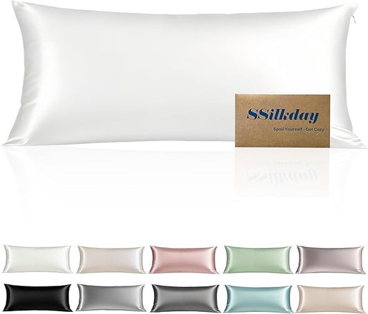 Mulberry Silk Body Pillow Pillowcase with Zipper, Ultra Smooth Soft Breathable Cooling Pillow Cases for Hot Sleepers, Silk Satin Body Pillow Cover for Hair and Skin (Cream White, 20×54 Inches, 1 Pack)