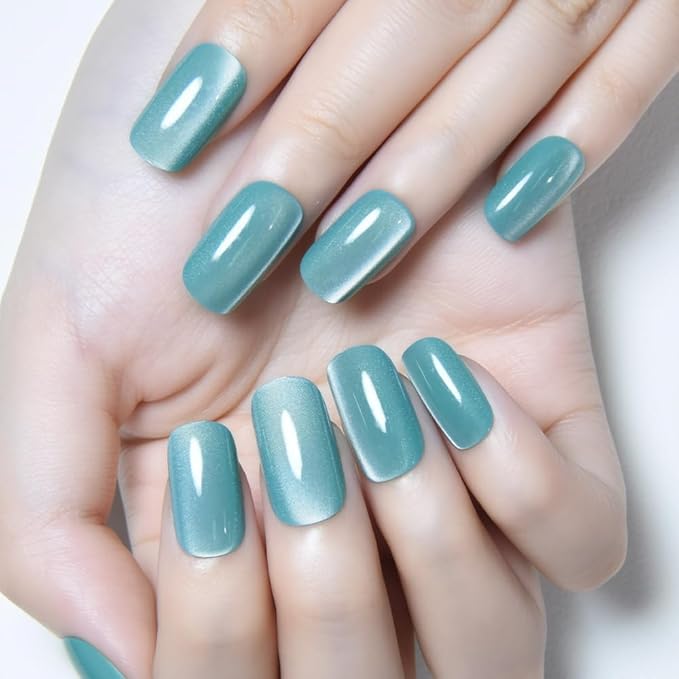 Light Cyan Cat Eye Press on Nails Medium Square, Medium Square Press Stick on Nails Chrome for Women Gift, Green Holographic Glitter Glossy Reusable Gel Acrylic Fake Nail with Designs Cateye Effect