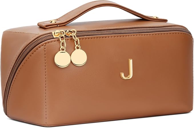 Gifts for Women Bridesmaid Gifts Personalized Initial Makeup Bag PU Leather Cosmetic Waterproof Travel Toiletry Bag (Large)