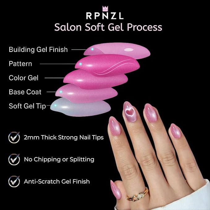 RPNZL Press On Nails - Pretty In Pink | Pink Medium Almond, UV Finish, Reusable | 32 Nails, 16 Sizes Kit with Glue and Adhesive Tabs I Female Founded