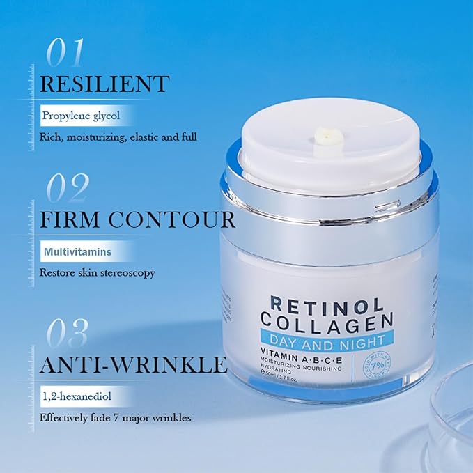 Collagen & Retinol Face Cream - 7% Hydrating Complex Anti Aging & Wrinkle Moisturizer, Firming Cream with Advanced Moisture Lock, Day & Night Face Cream for Women & Men, 1.75oz