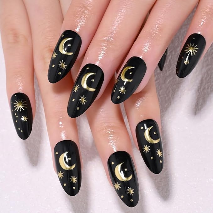 XZMeiLun Black Star Moon Press on Nails, Long Almond Acrylic Fake Nails Design, Natural Reusable Glue-On Nails Kit for Women DIY 3D False Nail Art Decoration Gift, Salon Quality Reusable 15/30 Psc