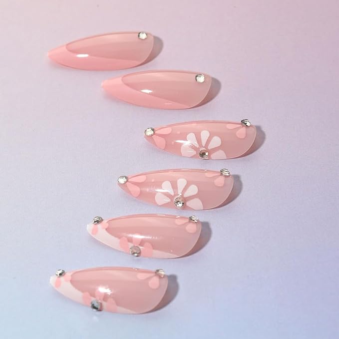 24Pcs Short Almond Press-On Nails Medium Pink Floral French Tip Glossy&Elegant Full Cover Fake Nails for Women&Girls Spring,Daily Wear