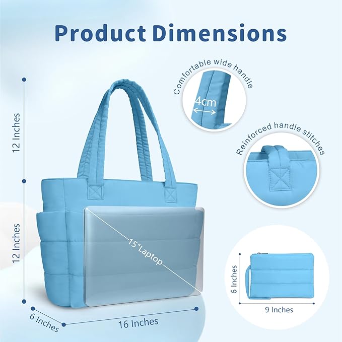 TOPDesign Puffer Tote Bag for Women, Lightweight Puffy Handbag with Compartments, Quilted Shoulder Bag for Work, Travel, Gym