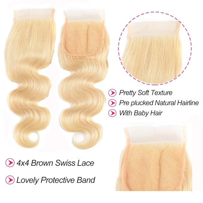 613 Bundles Blonde Human Hair Body Wave Bundles with Closure (16 18 20+14 Inch) 100% Unprocessed 12A Grade Brazilian Virgin Hair Extensions Quick Weave Extensions for Women