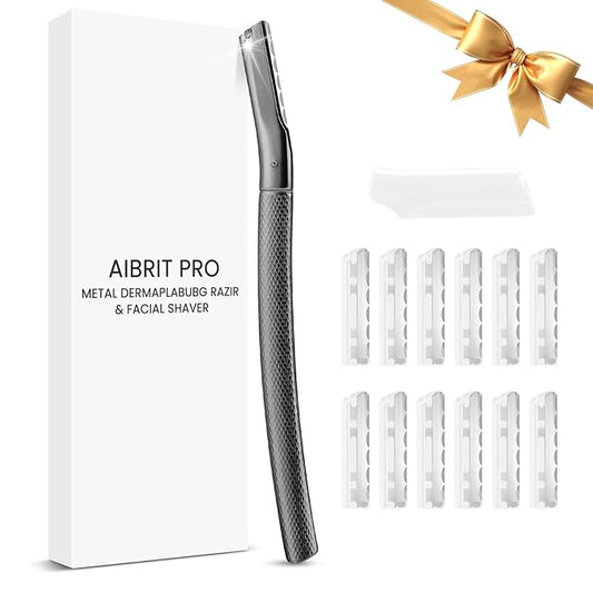 AIBRIT PRO Dermaplaning Tool for Face, Dermaplane Razor for Peach Fuzz with Metal Grip, Professional Eyebrow Razor for Women, Facial Razor for Women Black (12 Replaceable Blades)