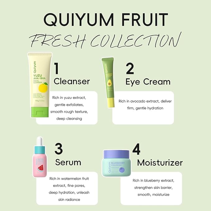 QUIYUM Skin Care Set, Fruit Women Birthday Christmas Beauty Gift Sets, Skin Care Kit with Cleanser, Serum, Eye Cream, Face Cream Travel Kit for Women, Gentle, Full Sizes 4pcs, Stocking Stuffers