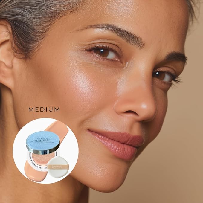 Emani Glow Biome NAD+ Serum Foundation for Sensitive Skin, Lightweight Skin-Like Coverage, With Vitamin C, Peptides, Ceramides, Avocado Oil, Refillable Compact, 0.63 fl oz, Medium Glow