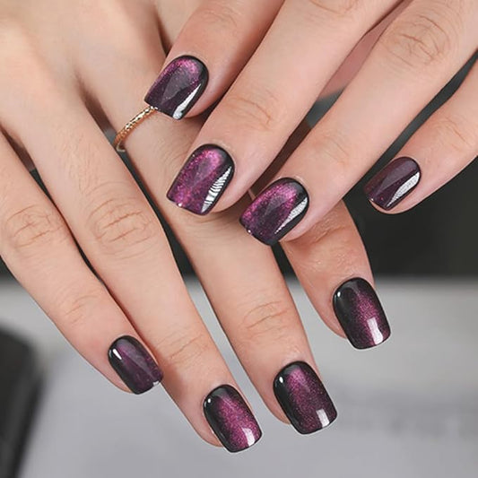 evpct Purple Cat Eye Press on Nails Extra Short Square, Petite Short Press on Stick on Nails for Women Gift, Dark Purple Holographic Glitter Glossy Reusable Stick on Gel Acrylic Fake Nail with Design