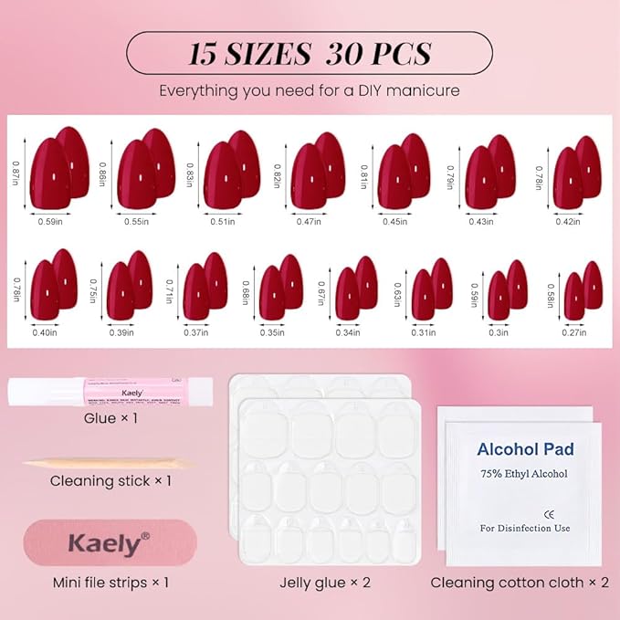evpct Glossy Press on Nails Short Almond Short for Women, Dark Red Fake Nail with Kits Salon Quality Reusable Stick on Nails In 15 Sizes 30Pcs Full Cover False Nail Soft Gel Set Kit for Gift, 27