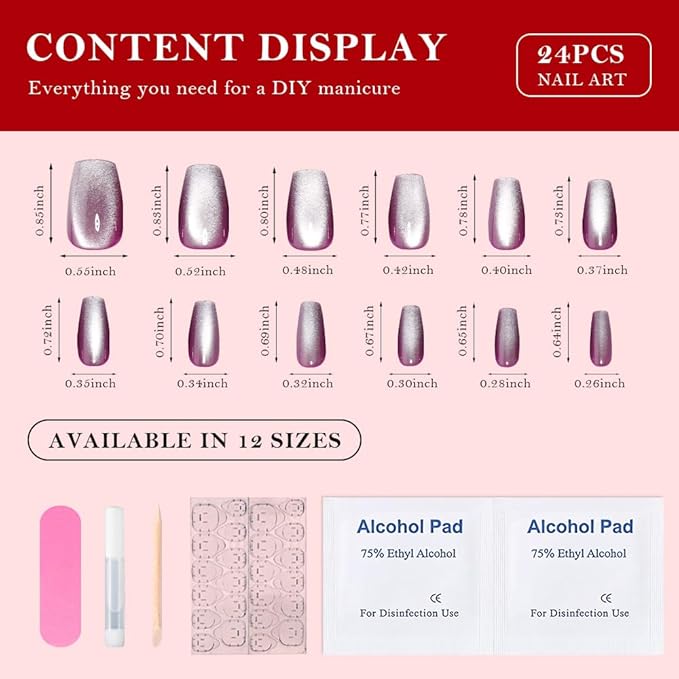evpct Purple Cat Eye Coffin Press on Nails Square Medium, Medium Square Stick on Nails for Women Gift, Lavender Purple Metallic Glitter Glossy Reusable Summer Press on Fake Nail with Designs, 24Pcs