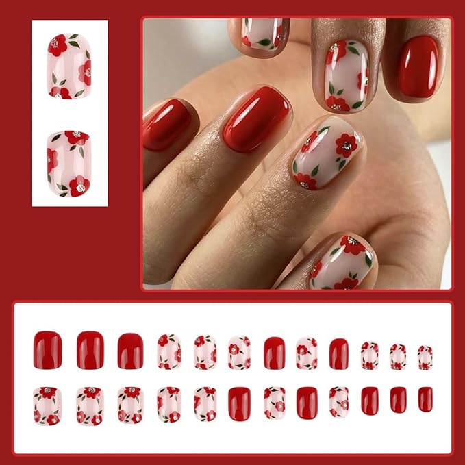 Short Press on Nails Square - Red Fake Nails with Cute Flower Design - Solid Color Full Cover Glossy Stick on Nails for Women - 24 Pcs