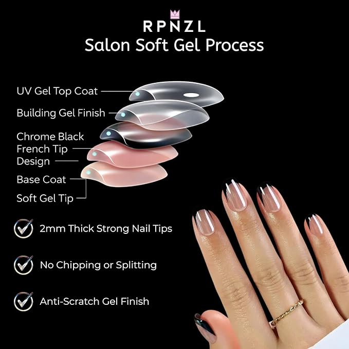 RPNZL Press On Nails - Midnight | Chrome Black French Tip, UV Finish Short Squoval Nails, Reusable, Salon Quality | 32 Nails, 16 Sizes Kit with Glue and Adhesive Tabs