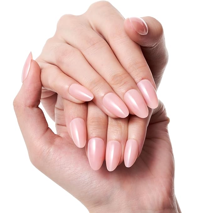 GLAMERMAID Light Pink Nude Press On Nails Short Almond, Translucence Coral Glossy Handmade Soft Jelly Gel Fake Nails, Pure Round Oval Stick Glue on Nails Kit for Women, Reusable Acrylic False Nail Set