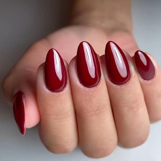 GLAMERMAID Dark Red Press On Nails Short Almond, Valentines Blood Deep Red Handmade Soft Jelly Gel Fake Nails Burgundy, Round Oval Stick Glue on Nails Kit for Women Girl Gift, Reusable False Nail Set