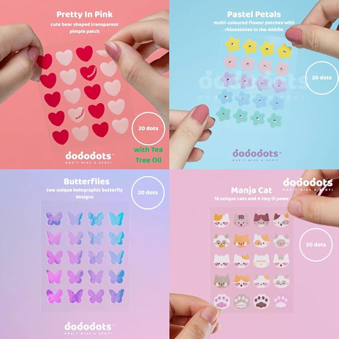 Dododots Butterfly, Cat, Flower and Heart Pimple Patches for Face - Cute Acne Hydrocolloid Patch, Pimple Patches for Zit, Spot and Blemish Treatment, 80 Acne Patches, 4 Set