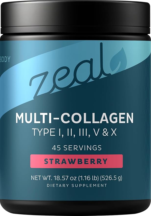 Premium Multi Collagen Peptides Powder (1, 2, 3, 5 & 10) with Protein. Vitamin C, Biotin, Hyaluronic Acid, for Hair Skin and Nails - Marine, Bovine, Chicken & Eggshell (Strawberry, 45 Servings)