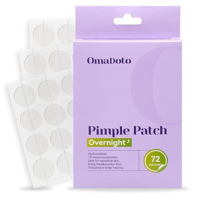 OmaDoto Overnight Pimple Patches for Face -（10mm & 12mm | 72 Count | 6 Sheets） - Hydrocolloid Patches with Salicylic Acid, Long-Wear Zit Stickers for Teens & Adults, Day & Night Use