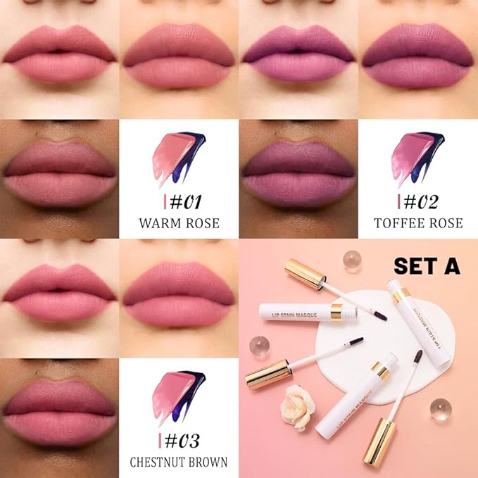 evpct 3Pcs Peel Off Lip Stain Tints with Tweezer, Liquid Lipstick Lip Stain Gloss Long Lasting Waterproof for Women, Non-stick Cup Lipstick Peel Off Highly Pigmented 24 Hrs Original Lips Stains, Set01
