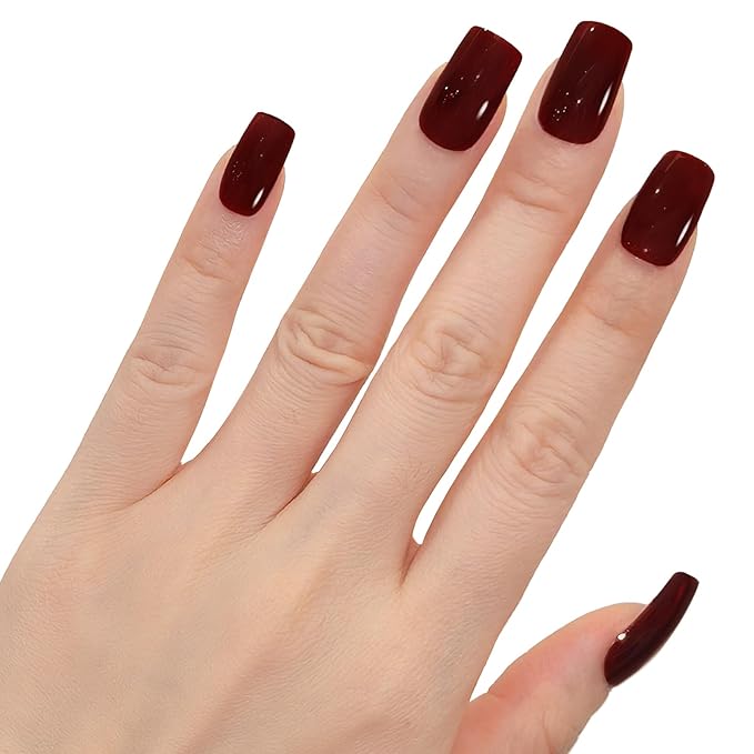 GLAMERMAID Burgundy Press on Nail Medium Square, Dark Red Handmade Jelly Soft Gel Nail Square Fake Nail, Glossy Stick Glue 0n Nail Kit for Women, Reusable Stick on Acrylic Fake Nail Manicure Set