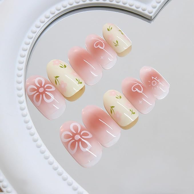 JONKASIPA Floral Press On Nails Square Pink Cute Patch Nails Reusable Adhesive Nails for Women 24 Pcs