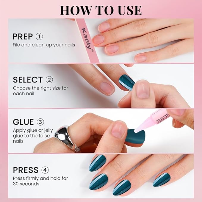 evpct Dark Cyan Green Press on Nails Short Almond, Glitter Shimmer Shiny Short Almond Fake Nails for Women Gift, Soft Gel Press Stick on Nails with Nail Kit, 30Pcs Reusable Acrylic Nail Manicure Kit