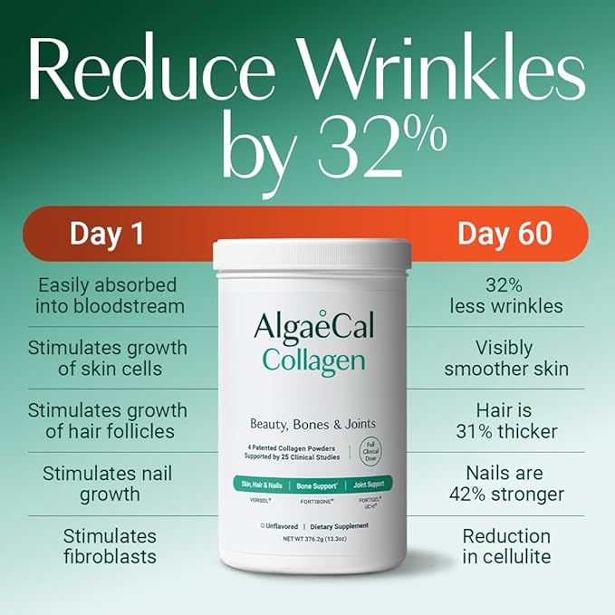 ALGAECAL Collagen - 4 Clinically-Supported Peptides VERISOL®, FORTIGEL®, UC-II®, FORTIBONE®, Anti-Aging Hydrolyzed Collagen Powder, 3 Packs, Made in USA