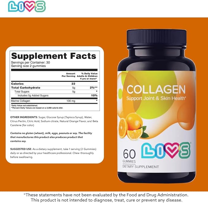 LIVS Marine Collagen Gummies – Supports Skin, Hair, Nails & Joint Health | Hydrolyzed Collagen Supplement for Women & Men | Natural Orange Flavor | Gluten Free & Non-GMO | 120 Gummies/60 Servings