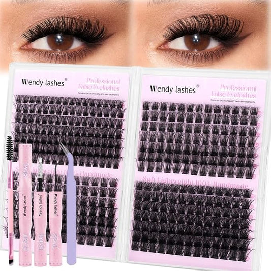 Lash Clusters Kit Wispy Eyelash Extensions 10-18mm D Curly DIY Individual Lashes Kit for Natural Volume Includes Lash Bond and Seal Tweezers DIY at Home Salon Quality Beginner Friendly