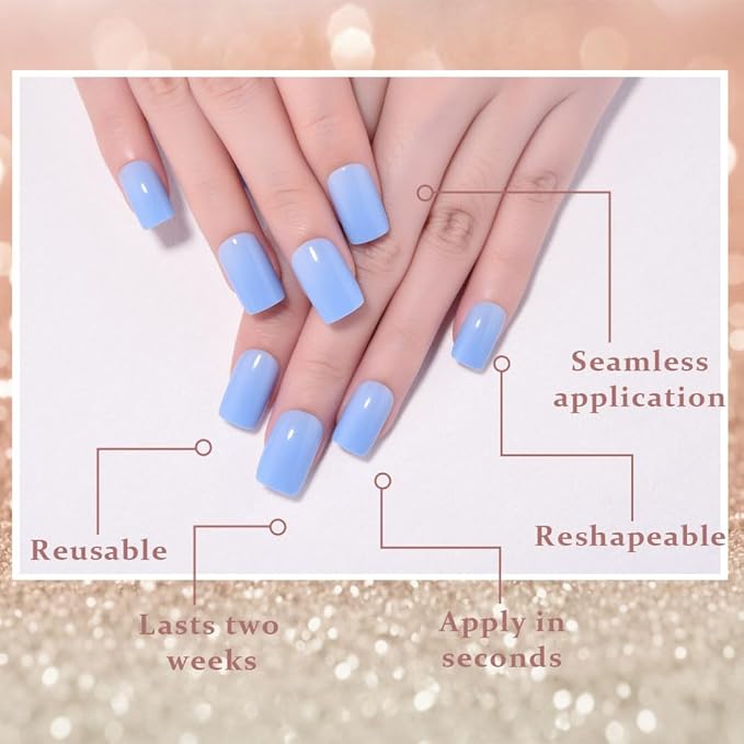 evpct Sky Blue Short Square Glossy Press on Nails for Women Gift, Glossy Sky Blue Fake Nail with Nail Kit Manicure Kit, Soft Gel Full Cover Reusable Stick on Soft Acrylic False Nails Perfectly Fit