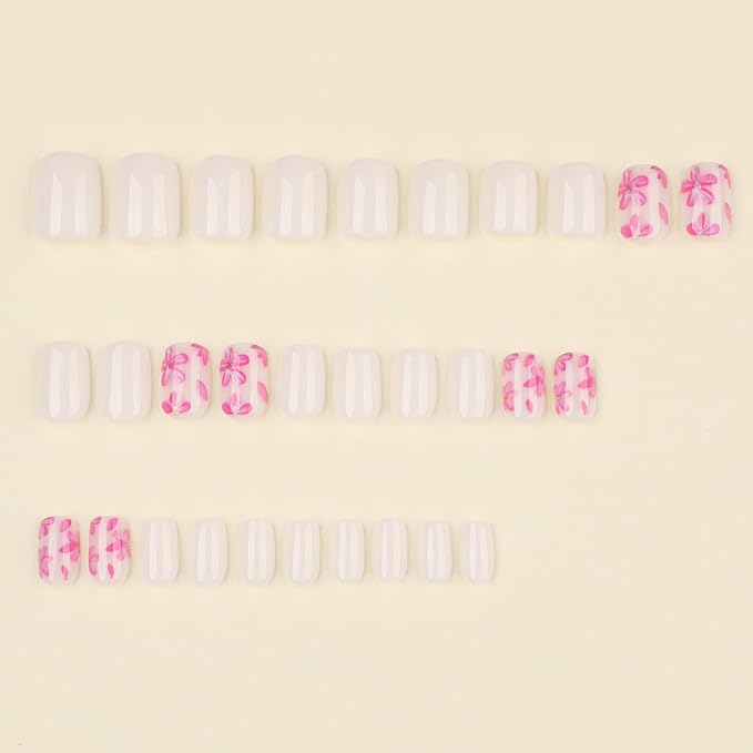 XZMeiLun White Press On Nails Extra Short Square, Pink Flower Sticke On Nails Kit, Floral Designer Reusable Acrylic Nails Press Ons, Fake Nails With Glue On Nails Set, Daily Wea False Nails For Women