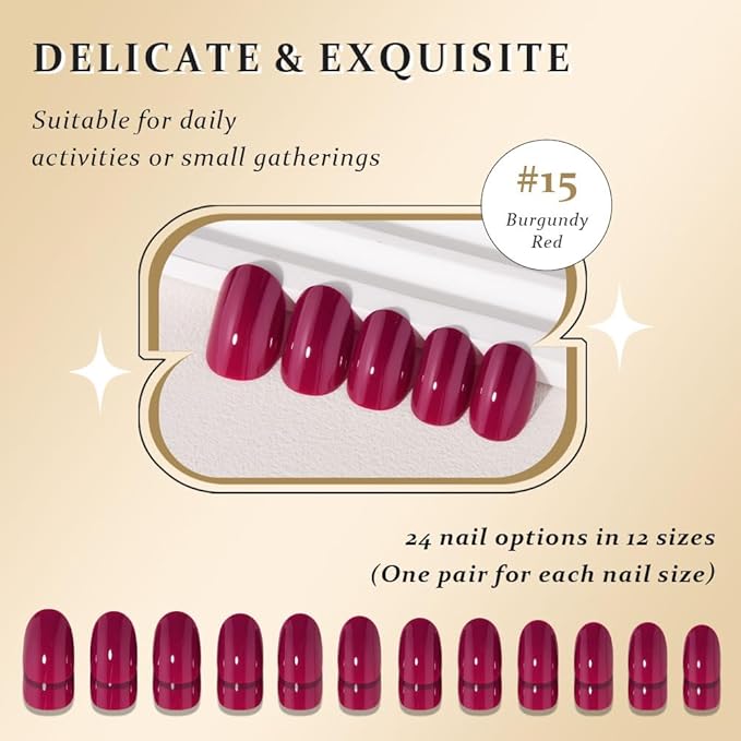 evpct Burgundy Red Medium Oval Glossy Press on Nails for Women Gift, Glossy Burgundy Red Fake Nail with Kits Manicure Kit, Soft Gel Full Cover Reusable Stick on Acrylic False Nails Perfectly Fit