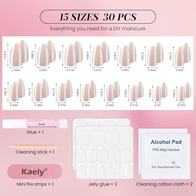 Press on Nails Short Almond - Nude Beige Chrome Glazed Glossy Press on Nail Tips Stick on Nails with Nail Kit for Gift, Reusable Stick On Nails in 15 Sizes 30 Full Cover Acrylic Soft Gel Fake Nail Kit