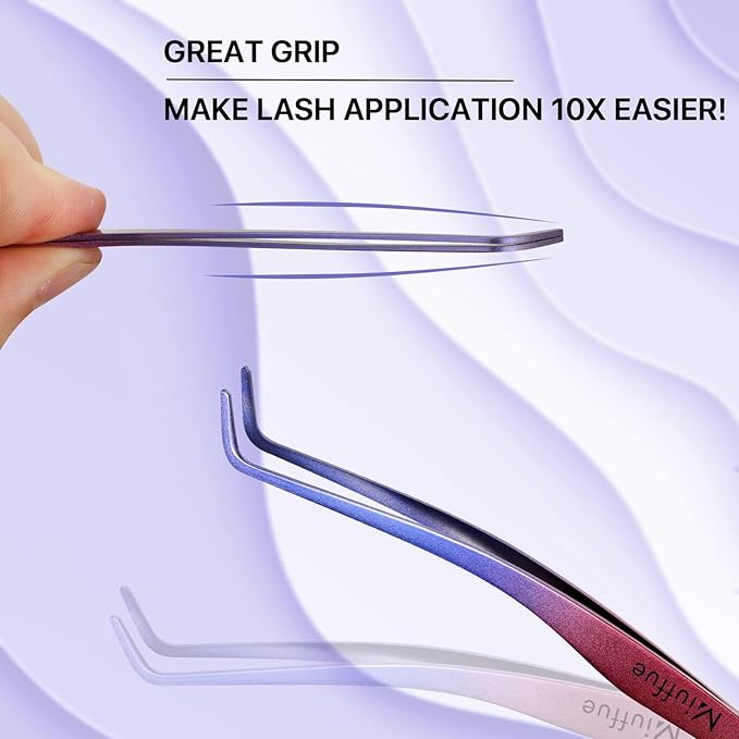 Miuffue Lash Applicator Tool DIY Eyelash Applicator Stainless Steel Curved Eyelash Tweezers for Cluster Lashes, Purple Gradient
