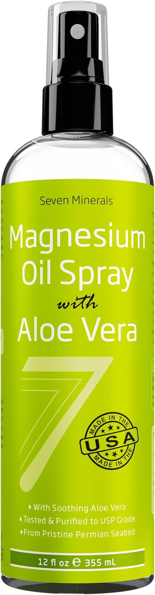 Seven Minerals Pure Magnesium Oil Spray with Aloe Vera 12oz - Pharmaceutical (USP) Grade, Highest Strength with Instant Relief for Feet, Sleep, Muscle Pain & Cramps - Mined in The USA