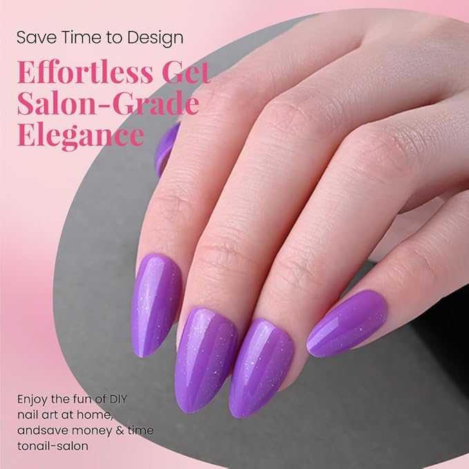 evpct Press on Nails Almond Short, Violet Purple Glitter Shimmer Shiny Short Almond Fake Nails for Women Gift, Soft Gel Press Stick on Nails with Nail Kit 30Pcs Reusable Acrylic Fake Nail Manicure Kit