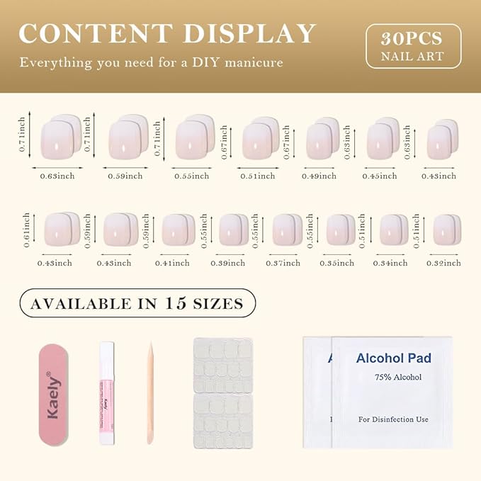 evpct Ombre Glossy Press on Nails Short Square, Nude to White Glossy Fake Nails Reusable, Acrylic False Nail Stick on Press ons for Women Gifts, Color Ombre Artificial False Nail with Kit, 30Pcs