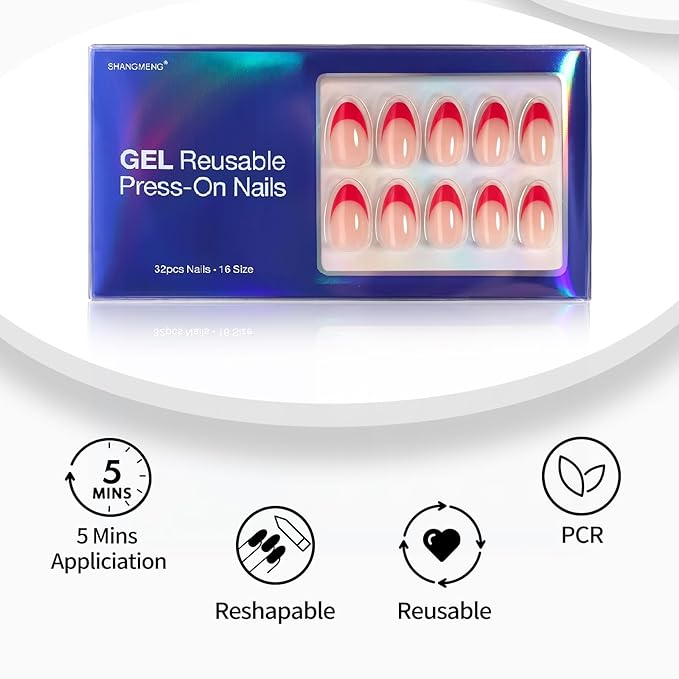 SHANGMENG Red French Tip Press on Nails Short - Soft Gel Valentines Almond Nails for Women Gift, Fit Perfectly & Natural Glue on Nails with Glue in 16 Sizes - 32 Reusable Fake Nails, Red French