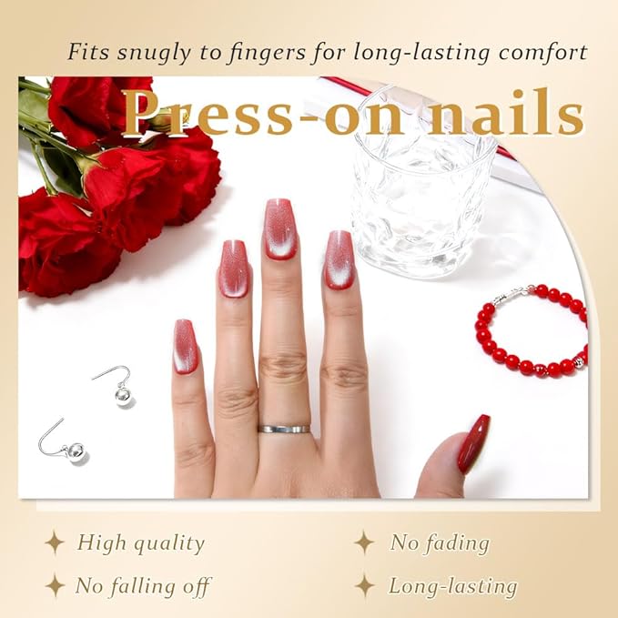evpct Red Pink Cat Eye Coffin Press on Nails Square Medium, Medium Square Stick on Nail for Women Gift, Red Pink Metallic Glitter Glossy Reusable Summer Soft Gel Press on Acrylic Fake Nail with Design